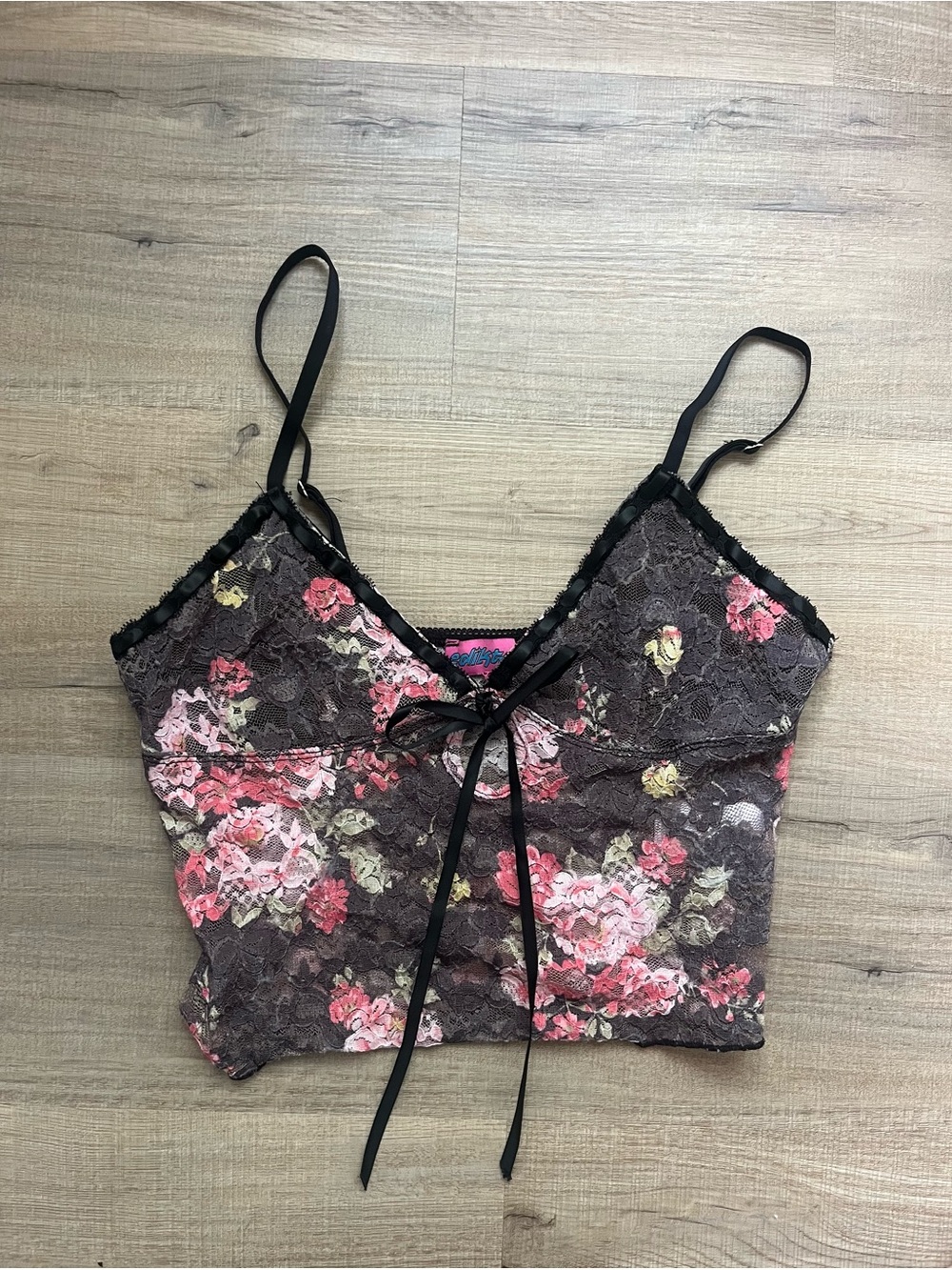 Edikted Floral Lace Cami Tank Top - Brown with Pink Floral